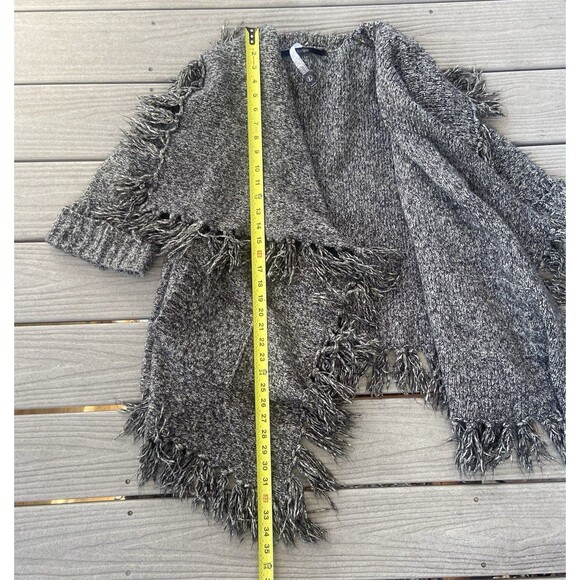 Kensie Grey Marled Fringe Knit Open Front Cardigan Sweater L Asymmetrical - Picture 9 of 15